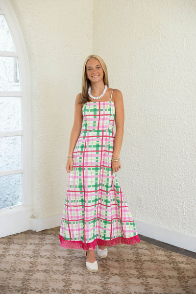 pink and green gingham dress The Clara Plaid Fringe Midi – 8.28 Boutique redo:solid shirt Crafted from soft cotton Jovani 38846 Size 14 Size:40H