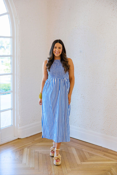 THML Blue Striped Sleeveless Midi Dress, M / Blue
