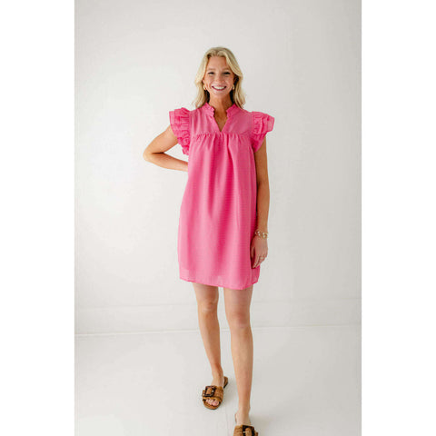 Baby Pink Pinstripe Puff Sleeve V-Neck Dress