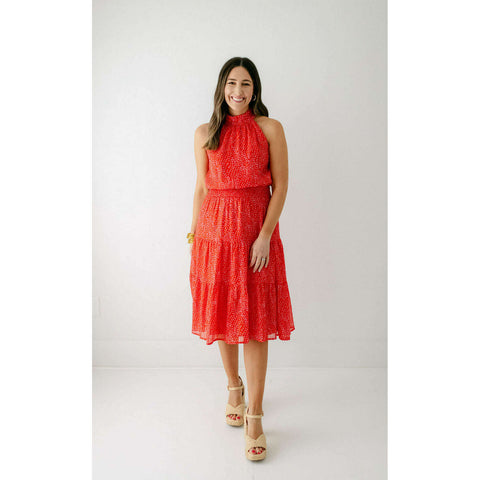 Jade by Melody Tam Tie Shoulder Tiered Sundress in Orange Abstract Border