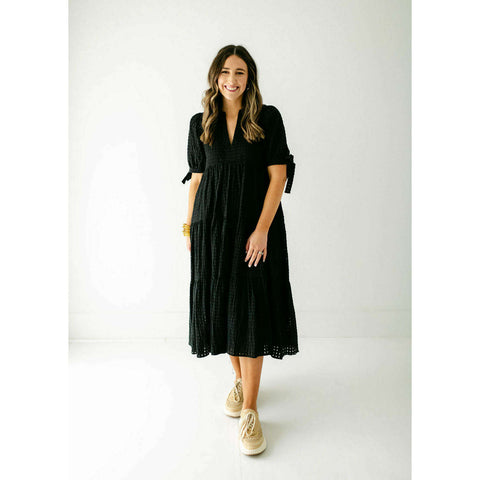 The Cecily Puff Sleeve Button-Up Dress in Black