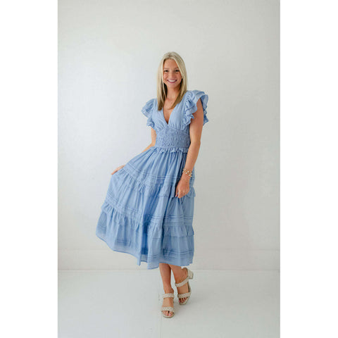 Joy*Joy V-Neck Ruffle Dress in Blue Stripes
