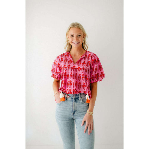 8.28 Boutique:THML,THML Tassle Tie Pink Carnation Print Top,Top