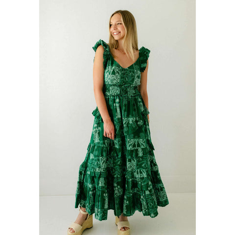 Karlie Mod Floral Vine Poplin Ruffle Maxi Dress in Lime