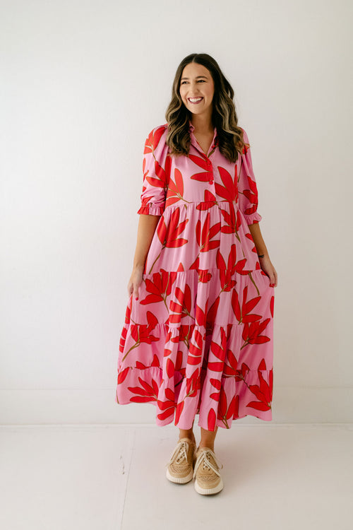 Karlie Satin Palm Tiered Maxi Dress