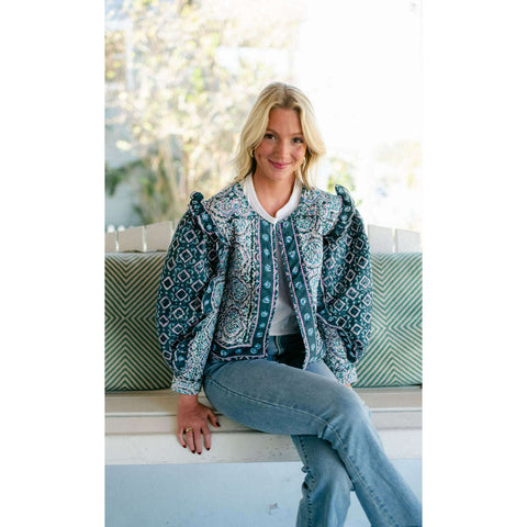 Anna Cate Collection Quilted Jacket in Teal Paisley