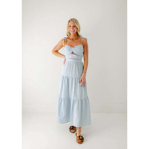 The Leah Blue and White Pleated Midi Dress