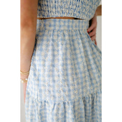 8.28 Boutique:Jacquie the Label,Jacquie the Label Embroidered Tiered Midi Skirt in Blue Gingham,skirt