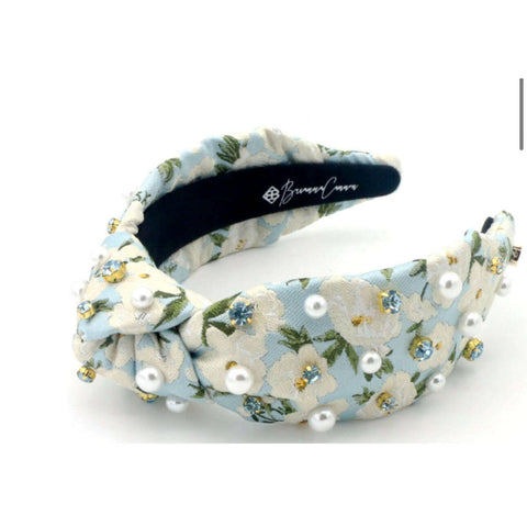 Brianna Cannon Light Blue & White Floral Barrette Bow with Crystals