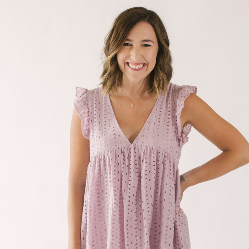 Caroline Wears The Jessica Lace Romper in Lavender