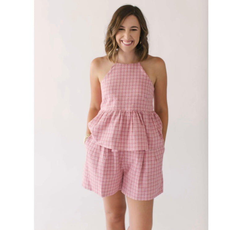 How to Style the The Joy*Joy Pink Jacquard Halter Tie Back Top