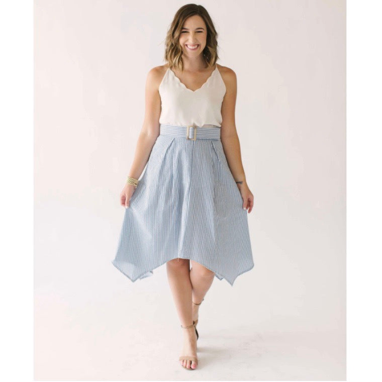 Caroline styles the Bishop + Young Sara Hanky Seersucker Hem Skirt