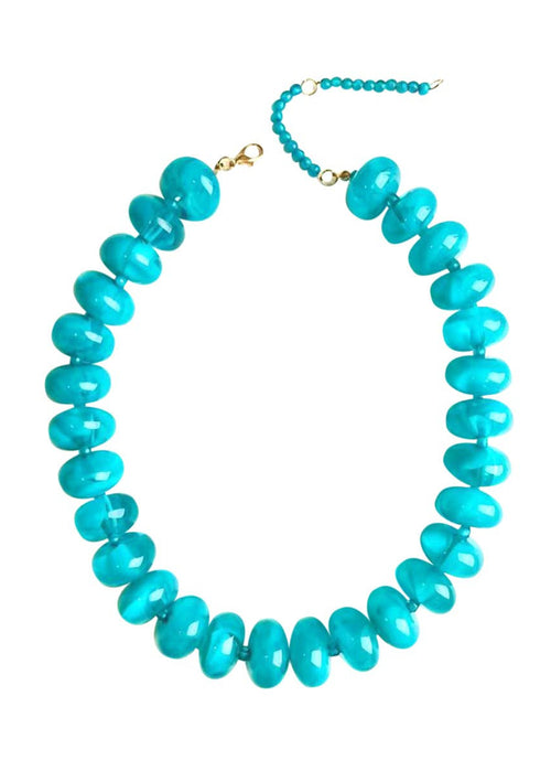 Turquoise beaded necklace on a white background