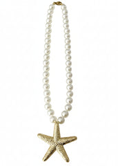 Pearl necklace with a gold starfish pendant on a white background