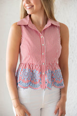 Entro Red and White Stripe Collar Top with Blue Embroidery