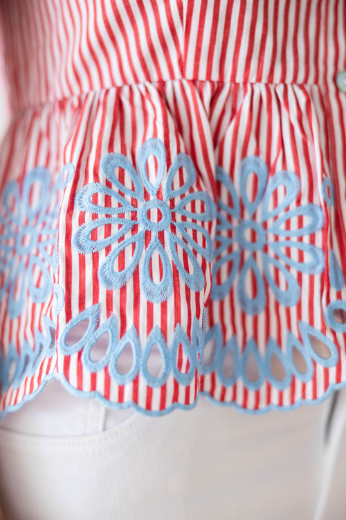 Entro Red and White Stripe Collar Top with Blue Embroidery