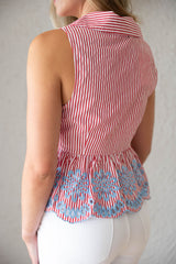 Entro Red and White Stripe Collar Top with Blue Embroidery