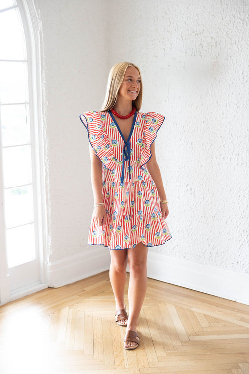 The Charlotte Red Stripe Block Print Midi Dress