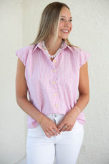 Karlie Pink Check Poplin Bubble Sleeve Button Up Top