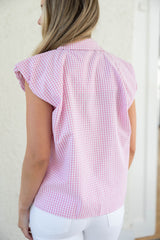 Karlie Pink Check Poplin Bubble Sleeve Button Up Top