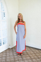 Entro Blue and Red Stripe Chambray Midi Dress