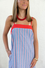 Entro Blue and Red Stripe Chambray Midi Dress