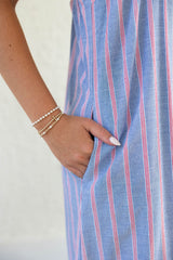 Entro Blue and Red Stripe Chambray Midi Dress