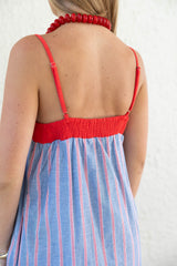 Entro Blue and Red Stripe Chambray Midi Dress