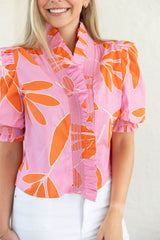 Karlie Palm Leaf Floral Ruffle Puff Sleeve Top