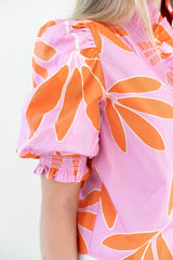 Karlie Palm Leaf Floral Ruffle Puff Sleeve Top