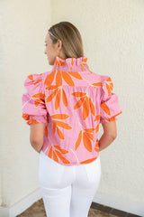 Karlie Palm Leaf Floral Ruffle Puff Sleeve Top