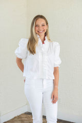 Karlie Solid Poplin Puff Sleeve Ruffle Top