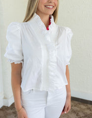 Karlie Solid Poplin Puff Sleeve Ruffle Top