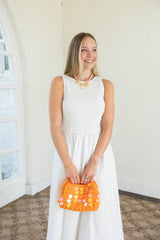 Aureum White Smocked Top Scoop Back Midi Dress