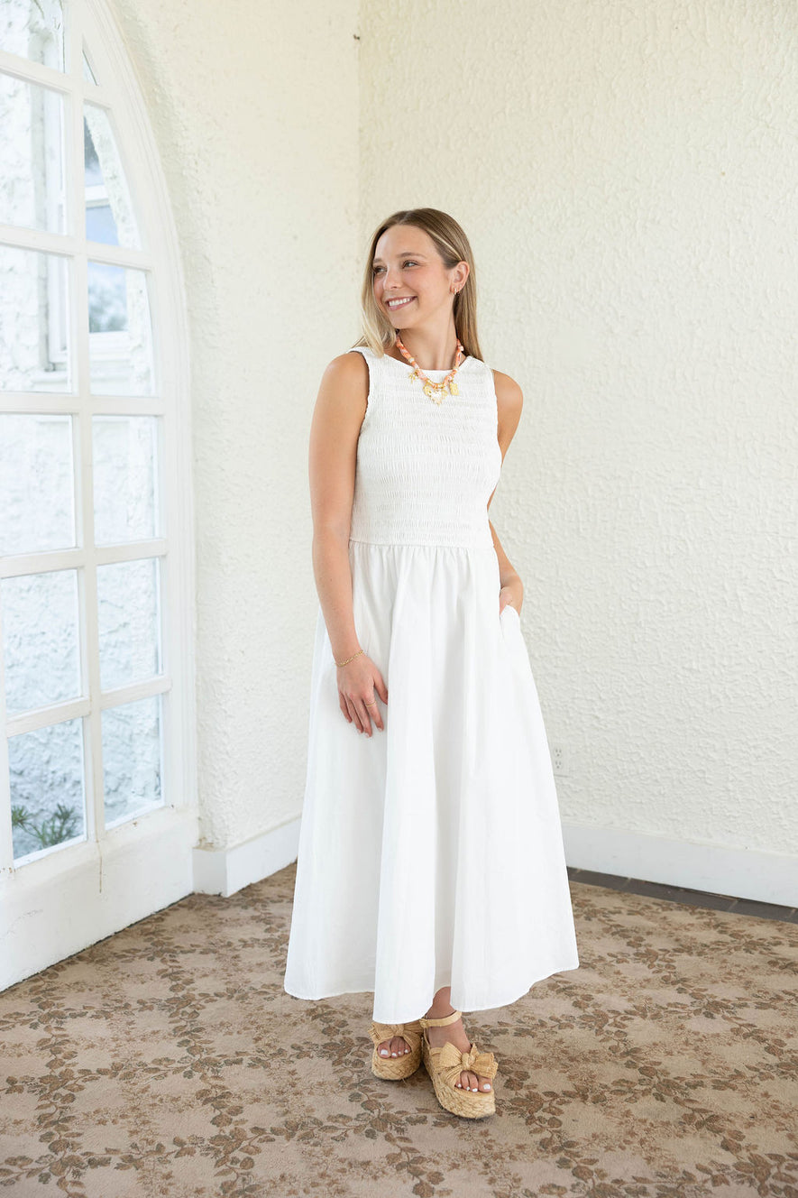 Aureum White Smocked Top Scoop Back Midi Dress 8.28 Boutique Aureum White Smocked Top Scoop Back Midi Dress 8.28 Boutique