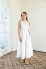 Aureum White Smocked Top Scoop Back Midi Dress