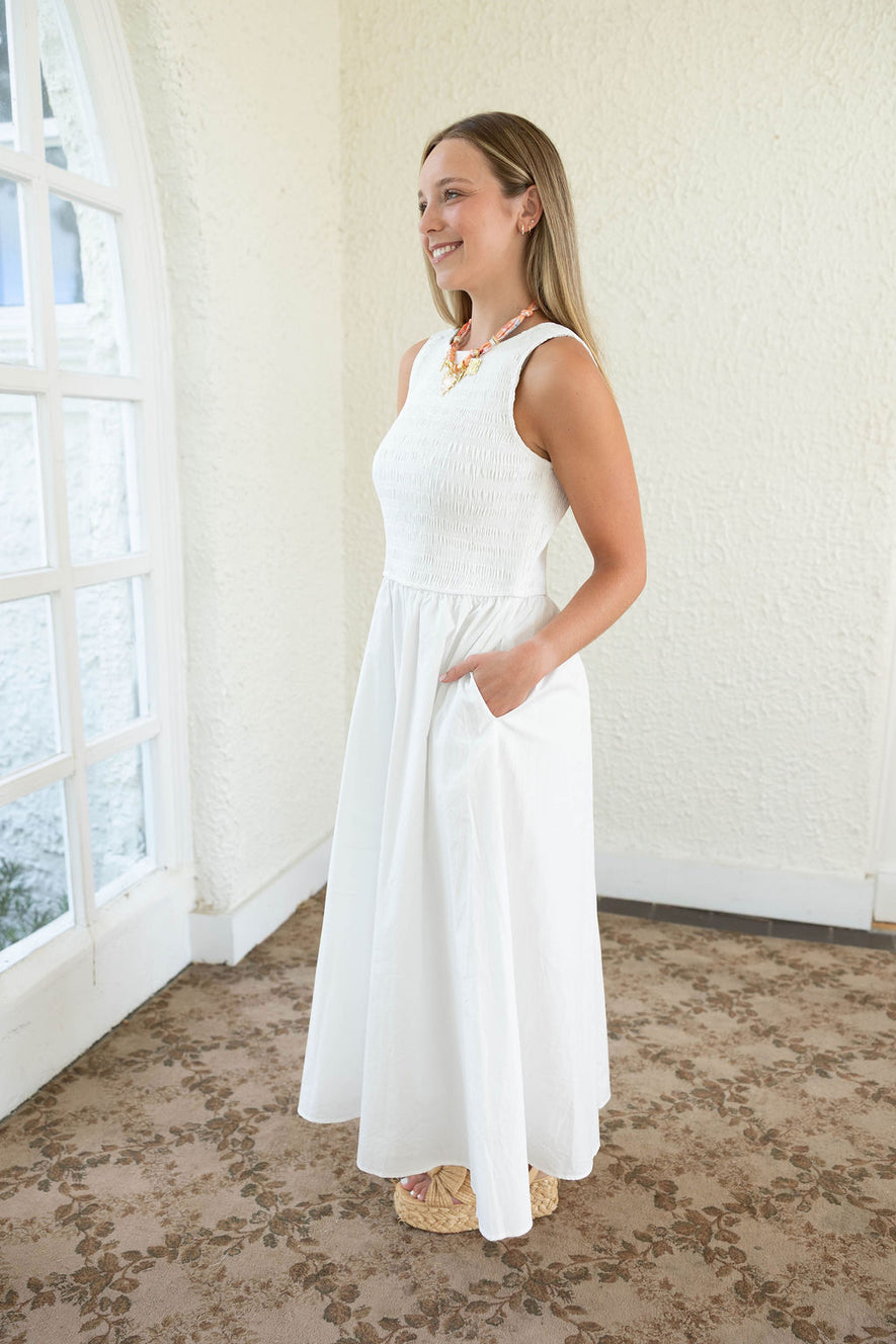 Aureum White Smocked Top Scoop Back Midi Dress – 8.28 Boutique