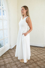 Aureum White Smocked Top Scoop Back Midi Dress