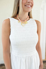 Aureum White Smocked Top Scoop Back Midi Dress