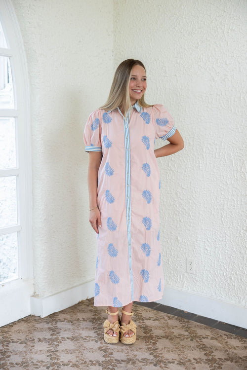 Entro Pink Midi Dress with Blue Floral Embroidery