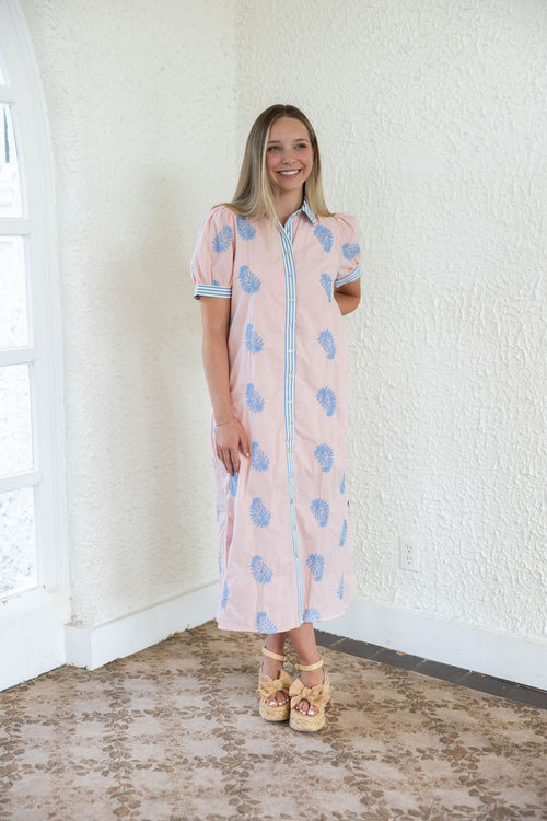 Entro Pink Midi Dress with Blue Floral Embroidery