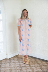 Entro Pink Midi Dress with Blue Floral Embroidery