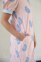 Entro Pink Midi Dress with Blue Floral Embroidery
