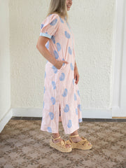 Entro Pink Midi Dress with Blue Floral Embroidery