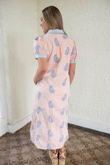 Entro Pink Midi Dress with Blue Floral Embroidery