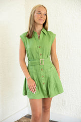 Karlie Solid Green Linen Button Shirt Dress