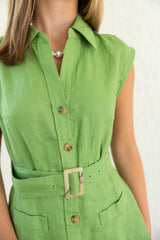 Karlie Solid Green Linen Button Shirt Dress