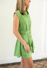 Karlie Solid Green Linen Button Shirt Dress