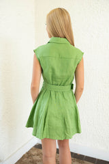 Karlie Solid Green Linen Button Shirt Dress
