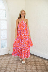 Entro Pink Floral Tiered Halter Midi Dress